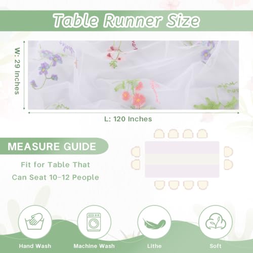 QueenDream Floral Table Runner 10FT White Embroidery Tulle