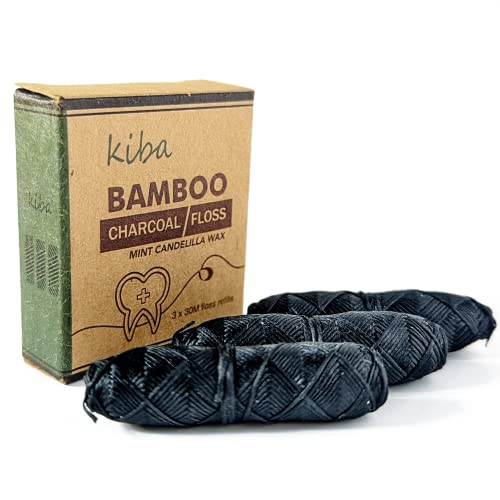 Kiba Bamboo Charcoal Dental Floss Refills - 3 Pack, Vegan Mint