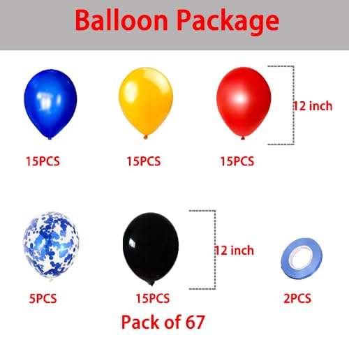Hero Balloons Kit - 67 Pieces Red, Blue, Black & Yellow Latex
