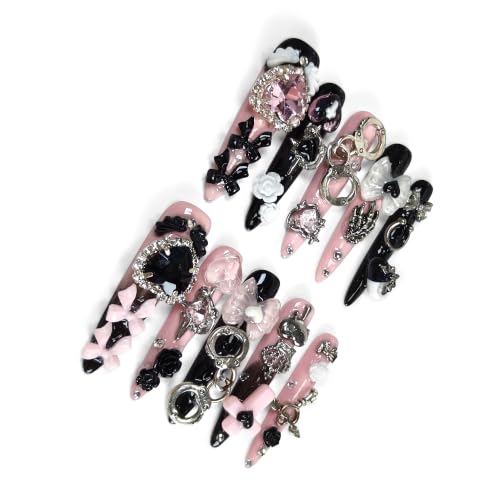 TENPAL BP2 S Long Stiletto Press-On Nails Black Pink Chain & Handcuff Decor