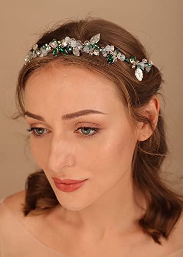 Denifery Bridal Hair Vine Headband with Green Crystals & Rhinestones