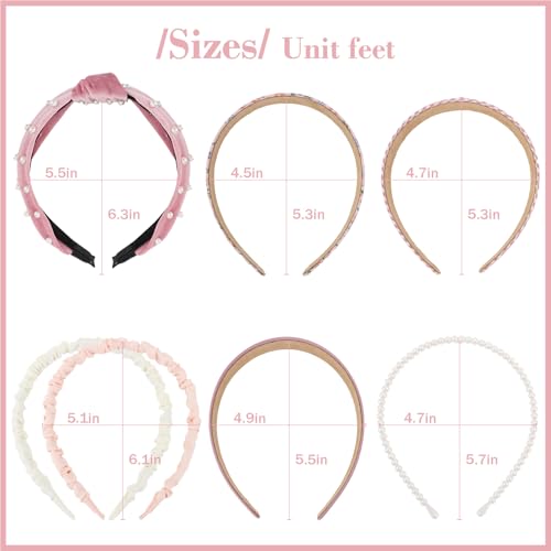7 Pack Pink Headbands for Women & Girls - Non-Slip Pearl Beads