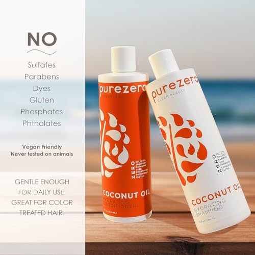 PureZero Coconut Oil Shampoo & Conditioner Set - Vegan, Sulfate-Free, 2 x 12 oz