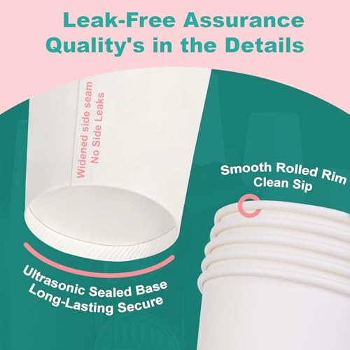 100 Count 8 oz Disposable White Paper Coffee Cups - Leak-Resistant