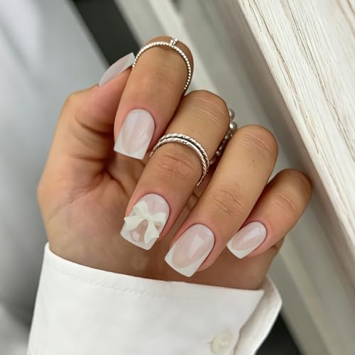 VOTACOS Milky Yellow French Tip Press On Nails Short Square with Bow Design 24PCS