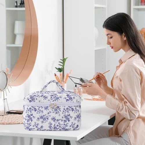 Blue Travel Quilted Makeup Bag with Bow - Cotton Cosmetic Organizer for Women & Girls