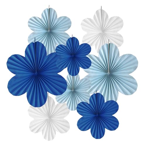 Royal Blue Paper Flower Fans - 8Pcs for Birthday & Baby Shower Decor