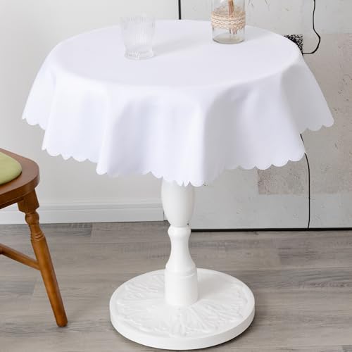 36" White Water-Resistant Polyester Round Tablecloth with Scalloped Edges