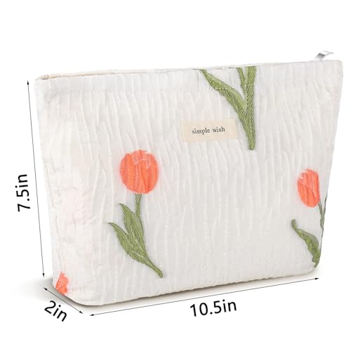 AF Tulip White Makeup Bag for Women Small Floral Cosmetic Pouch Travel Organizer