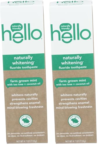 Hello Naturally Whitening Fluoride Toothpaste - Vegan, SLS Free, Mint & Tea Tree Oil, 4.7 oz (Pack of 2)