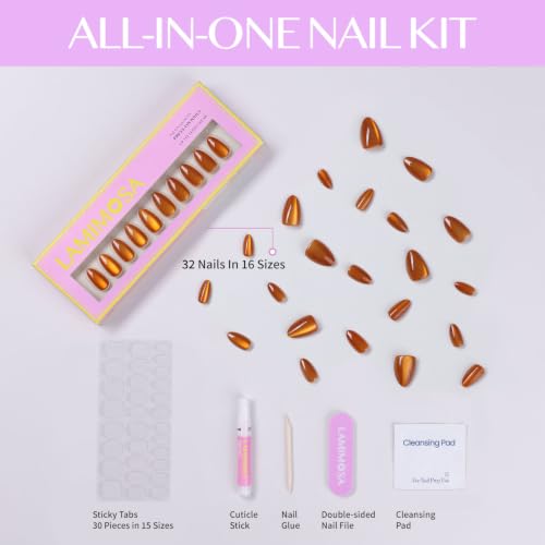 LAMIMOSA 32 Pcs Short Almond Press-On Nails - Amber Gel Fake Nails Kit