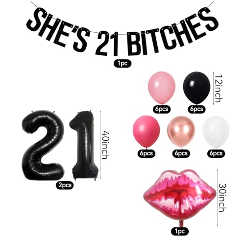 21st Birthday Decorations Set for Women - Black & Pink