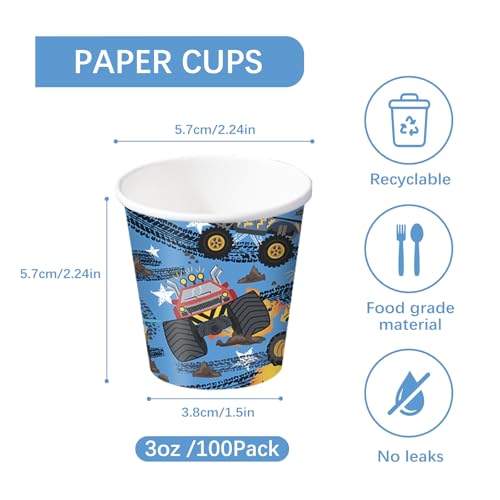 RUSPEPA Monster Truck 3oz Paper Cups - 100 Pack Disposable Party Cups