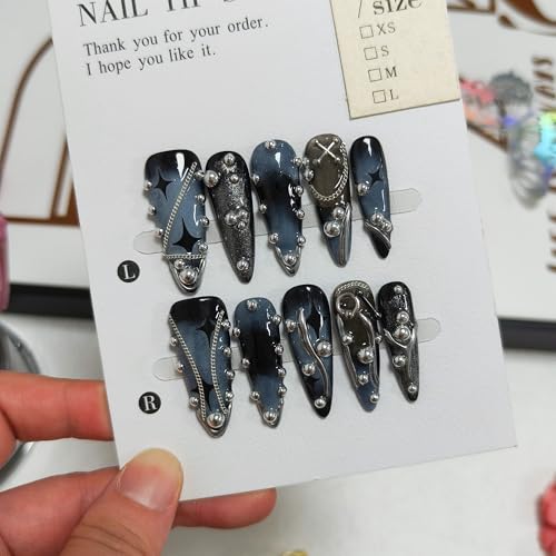 Long Stiletto Press-On Nails with 3D Cross Studs - Size M