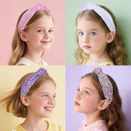 Sparkly Sequin Headbands for Girls - 4 Pack Knotted Hairbands