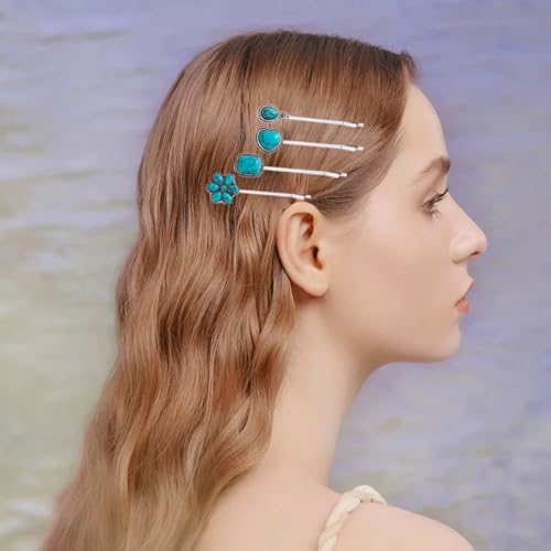 7-Pack Turquoise Retro Hair Clips for Women & Girls - Vintage Metal Barrettes