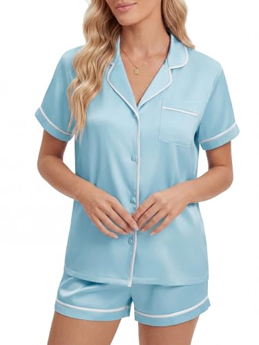 Women's Satin Pajama Set Short Sleeve Button-Down 2 Piece Sleepwear