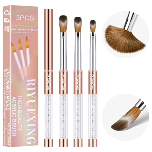 RIYUEXING Bronze Gold 3PCS Kolinsky Nail Brush Set - Size 6/10/12, Oval & Crimped, Professional Acrylic Nail Art Tools