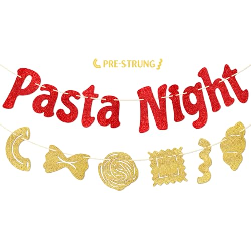 Pasta Night Banner | Italian Party Decorations in Red & Gold Glitter