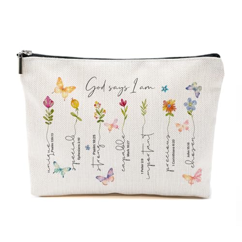 God Says I Am-02 Christian Makeup Bag Bible Verse Floral Butterfly Gift for Women