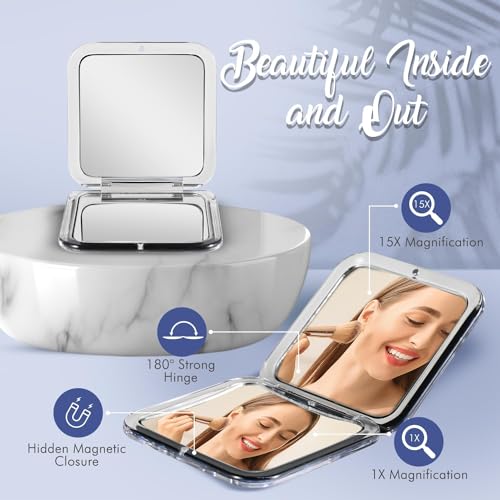 Mirrorvana Black 15X Compact Magnifying Mirror - Foldable Handheld Mirror for Makeup & Grooming
