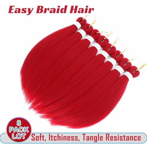 Royota Red Pre-Stretched Braiding Hair 16 Inch, 8 Packs - Easy Yaki Synthetic Extensions