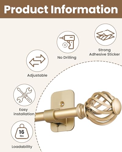 No-Drill Gold Curtain Rods 28-36 Inch with 3M Adhesive Brackets