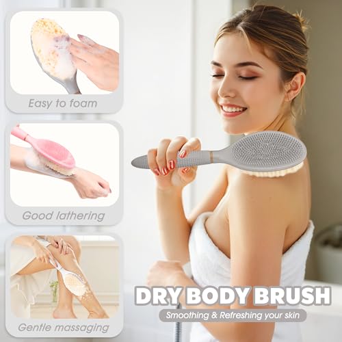 GEENOA Adjustable Back Scrubber Gray-Long Handle Anti-Slip Shower Brush