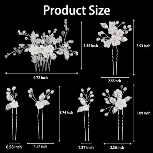 Silver 6 Pcs Bridal Flower Hair Pins with Crystal Pearls & Rhinestones