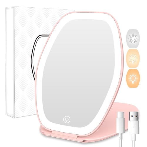COSYGLOW Portable LED Travel Makeup Mirror - 3-Color Lighted Vanity, Pink