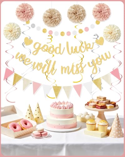 Good Luck We Will Miss You Banner - Pink Gold Farewell Decorations Kit