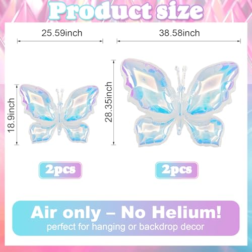 Iridescent Rainbow Butterfly Foil Balloons - 4 Pack for Parties