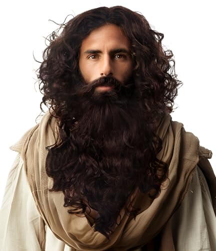 JEGERMIG Brown Long Curly Wig and Beard Set - Halloween Costume & Cosplay Variant 1