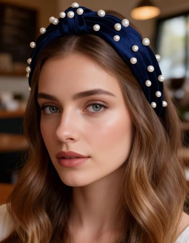 Navy Blue Velvet Pearl Knot Headband for Women - CAUDIO Wide Top Knot Cross Hairband