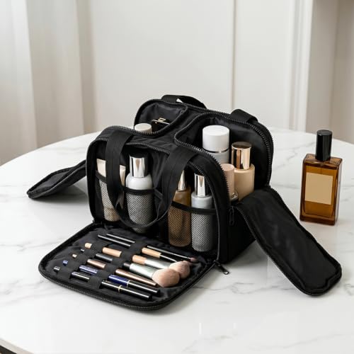 Large Travel Toiletry Bag for Women - Black Nylon Makeup Organizer