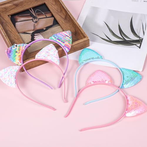 4PCS Light Up Reversible Sequin Cat Ear Headbands for Parties