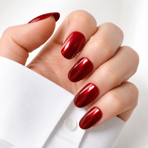 MKM Short Oval Reusable Press On Nails - Glossy Ruby Red Full Cover Fake Nails Kit for Women