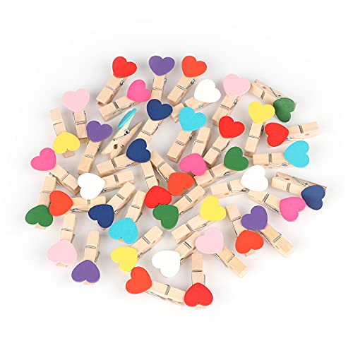 jijAcraft 100 Pcs Colorful Heart Wooden Photo Clips with Twine