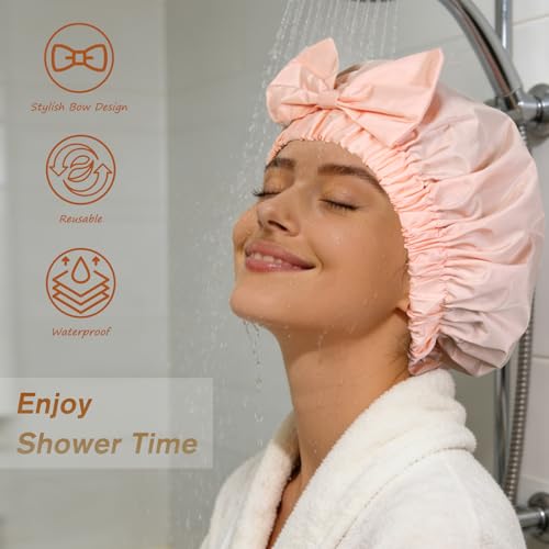 TUVATU Waterproof Shower Cap for Women with Cute Bow, Reusable Hair Cap