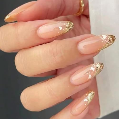 Onsdag Gold Glitter and White Love Heart Almond Press On Nails - 24 Pcs