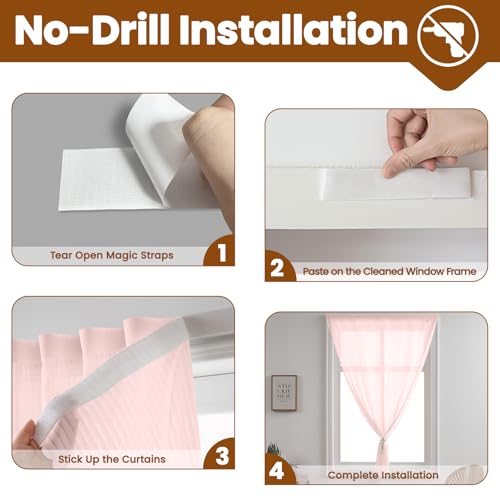 Pink Sheer Gauze Curtains - Self-Adhesive Privacy Panels (44" W x 63" L, 2 Panels)