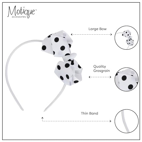 Motique Accessories Girls Polka Dot Bow Headband White - Soft, No-Damage, One-Size Hair Accessory