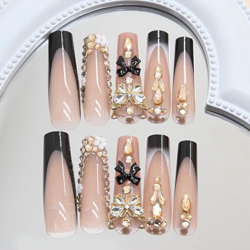 LPOODDNU Design1 Long Square French Tip Press-On Nails with 3D Butterfly & Rhinestones – Reusable Fake Nails for Women