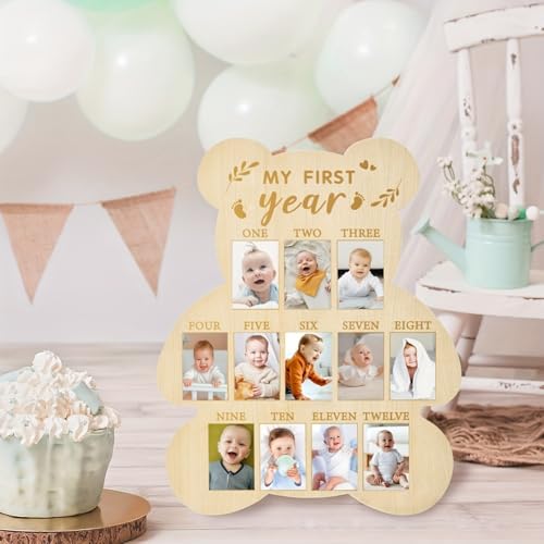 Wooden Photo Board for Baby's First Year Milestones - 12 Monthly Picture Frame