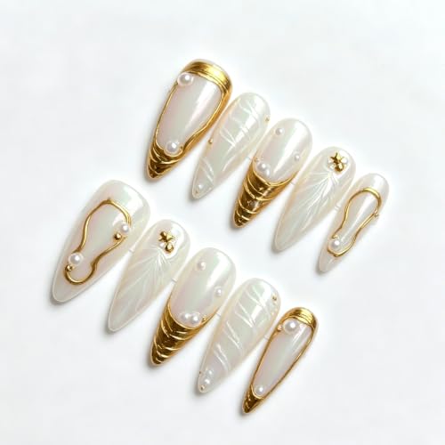 White Gold Pearlescent Long Stiletto Press On Nails - Size M