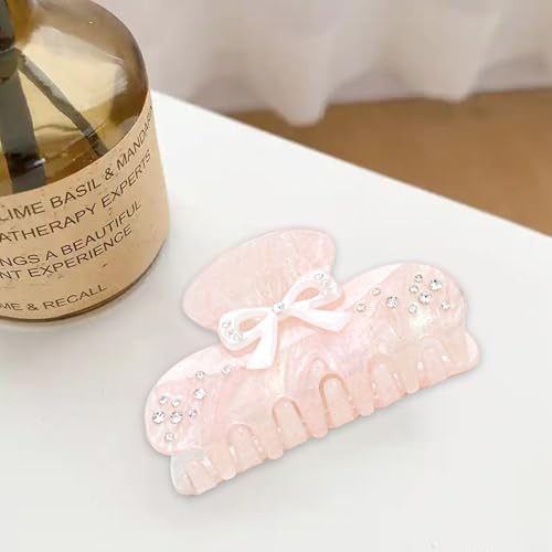 Pink Bow Claw Clip for Women - Non-Slip Rhinestone Hair Accessory