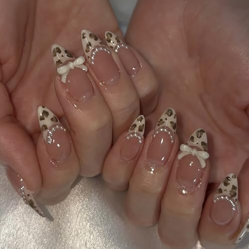 Medium Almond French Tip Press-On Nails with Leopard Print & Bow