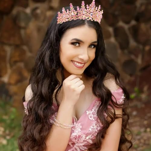 Pink Crown for Women - Crystal Queen Tiara for Weddings & Parties