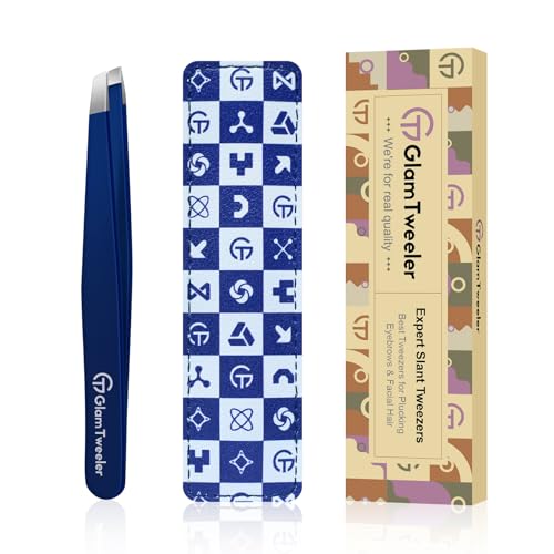 GlamTweeler Navy Blue Slant Tip Tweezers with Leather Case