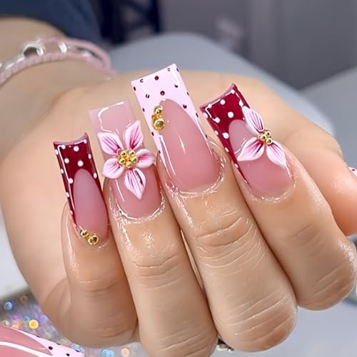 24Pcs Pink Flower Press On Nails with 3D Gold Rhinestones